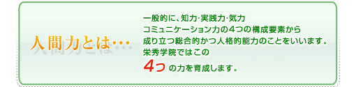 人間力とは・・・一般的に、知力・実践力・気力・コミュニケーション力の4つの構成要素から成り立つ総合的かつ人格的能力のことをいいます。栄秀学院ではこの4つの力を育成します。